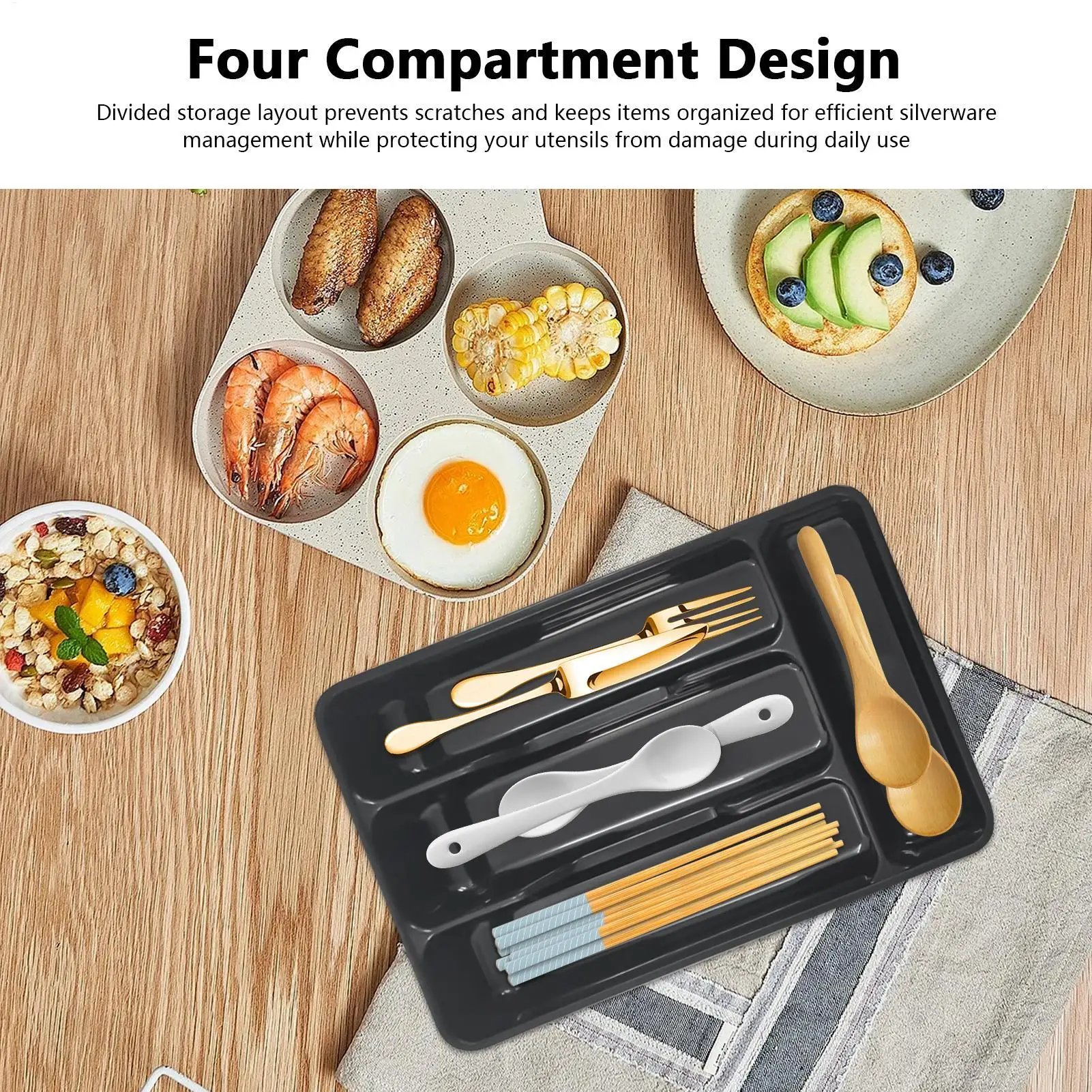 Silverware Tray for Drawer Flatware Organizer Compact Holder with 4 Compartment for Forks Cooking Kitchen Cabinet Countertop