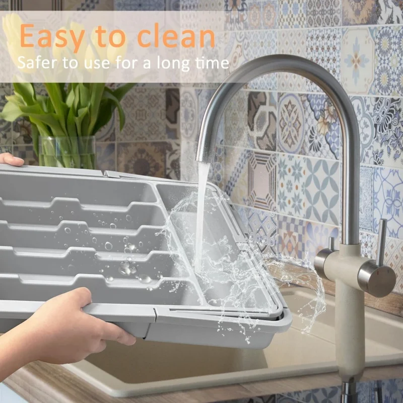 Grey Expandable Kitchen Utensil Drawer Organizer with 9 Compartments Large Adjustable Plastic Cutlery Storage Box