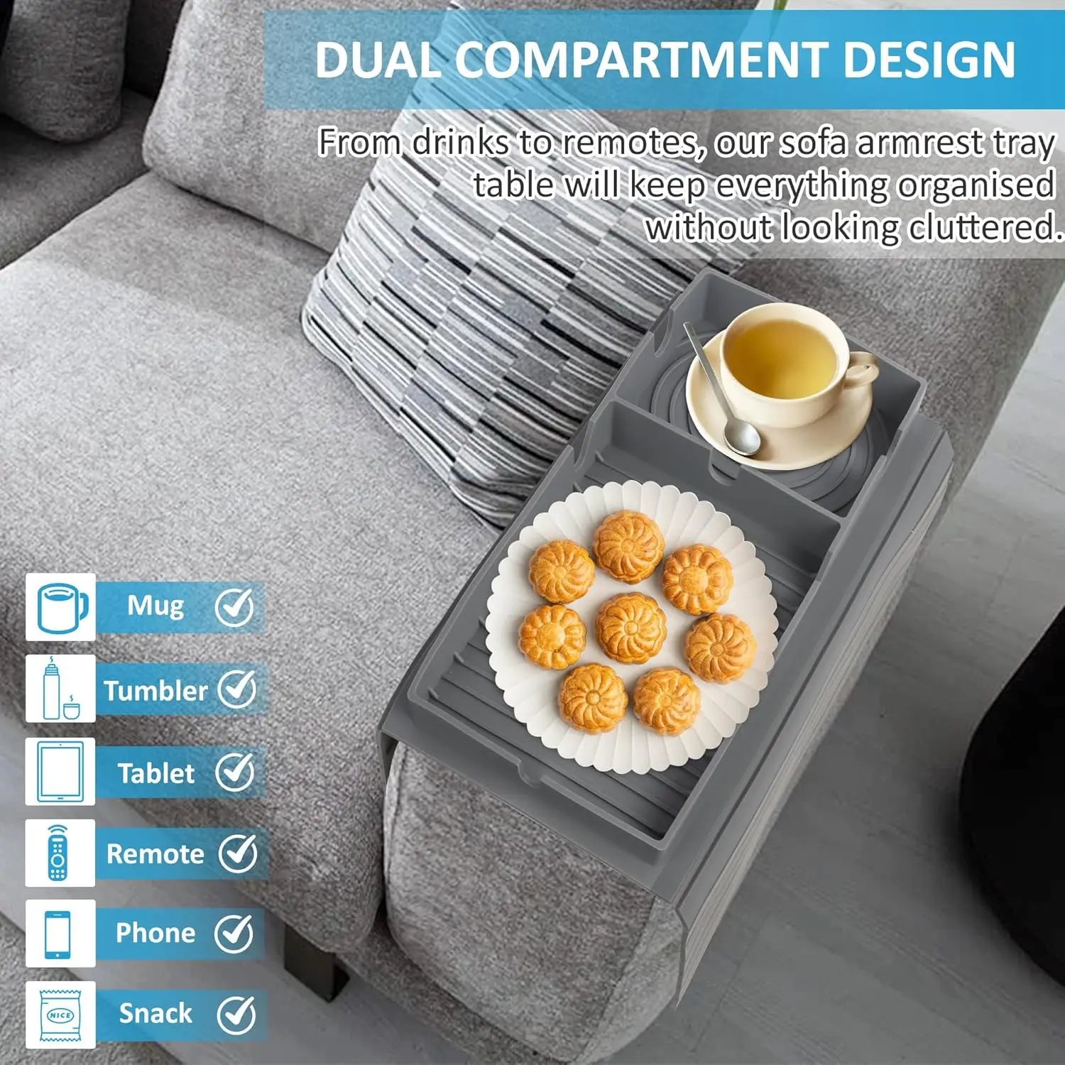 Sofa Armrest Tray Table Organizer Silicone Couch Arm Rest Cup Holder for TV Remote Control Coffee Snacks Glasses Phone Organize
