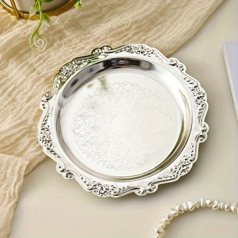 1pc Retro Light Luxury Style Metal Jewelry Tray with Carved Design, Suitable for Jewelry Storage and Organization