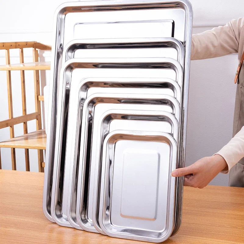 316 Stainless Steel Barbecue Tea Storage Serving Trays Rectangle Steamed Rice Sausage Plate Grill Meat Restaurant Metal Utensils