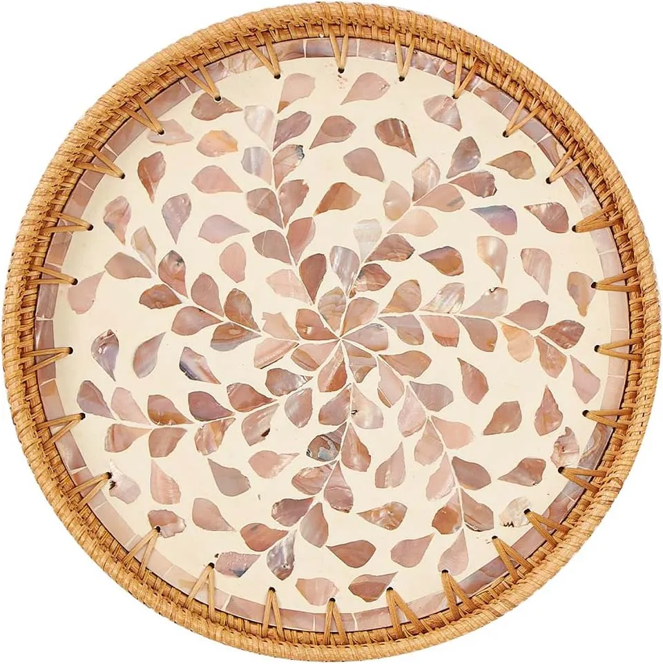 Round Rattan Tray with Mother of Pearl Inlay Rattan Serving Tray Wooden Base Storage and Display of Coffee Bread Food Fruit