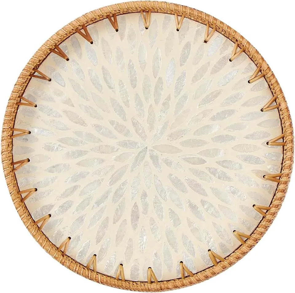 Round Rattan Tray with Mother of Pearl Inlay Rattan Serving Tray Wooden Base Storage and Display of Coffee Bread Food Fruit