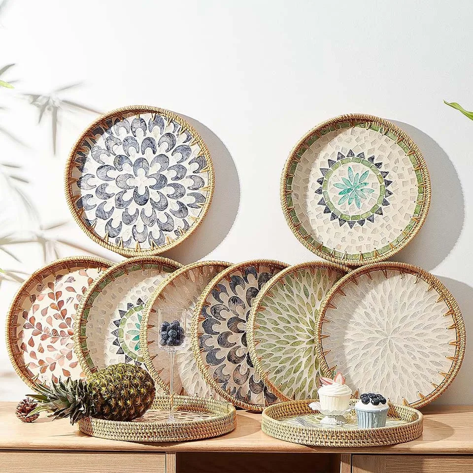 Round Rattan Tray with Mother of Pearl Inlay Rattan Serving Tray Wooden Base Storage and Display of Coffee Bread Food Fruit