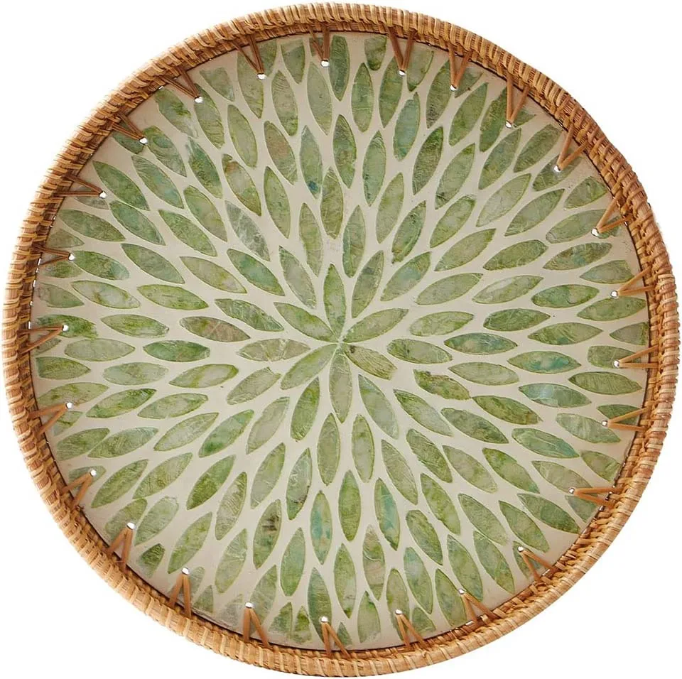 Round Rattan Tray with Mother of Pearl Inlay Rattan Serving Tray Wooden Base Storage and Display of Coffee Bread Food Fruit