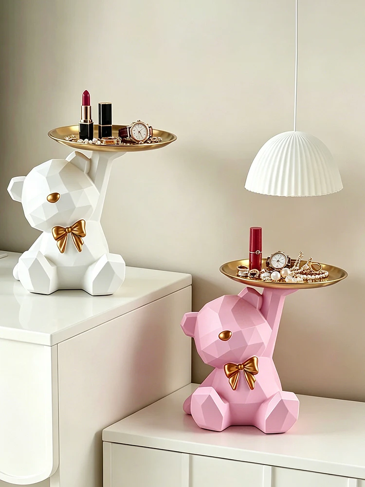 Novelty Geometric Bear Resin Jewelry Storage Tray Golden Iron Plate For Rings Bracelets Makeup Dresser Table Decor Ornament