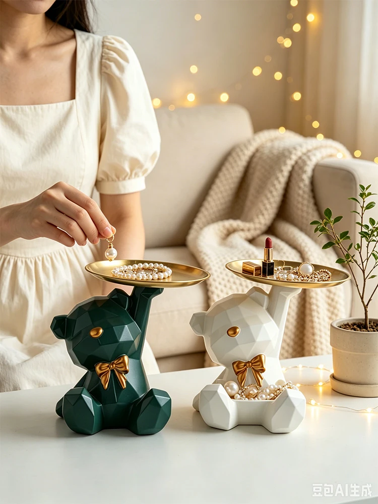 Novelty Geometric Bear Resin Jewelry Storage Tray Golden Iron Plate For Rings Bracelets Makeup Dresser Table Decor Ornament