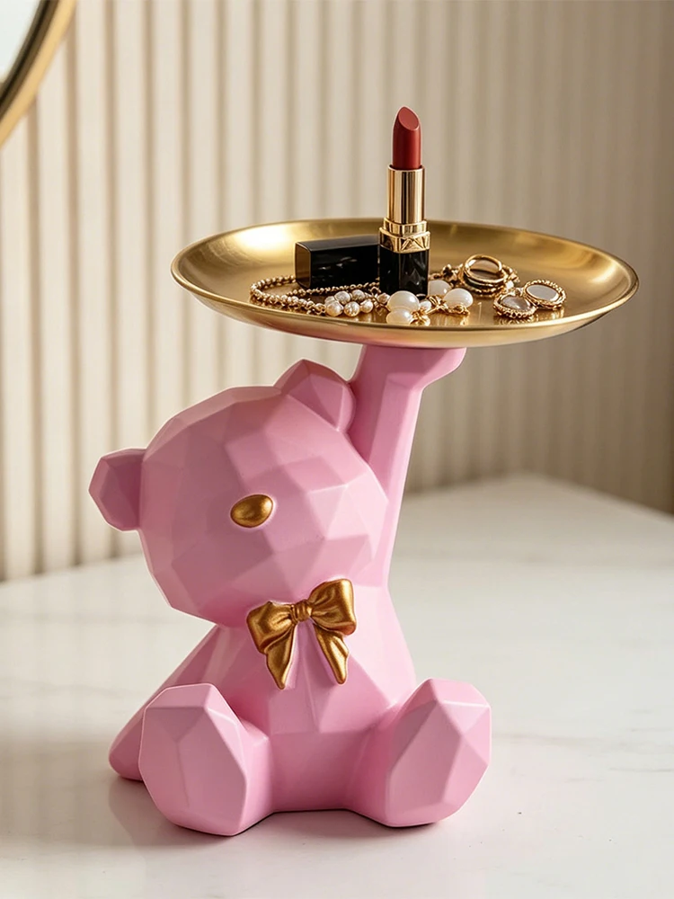 Novelty Geometric Bear Resin Jewelry Storage Tray Golden Iron Plate For Rings Bracelets Makeup Dresser Table Decor Ornament