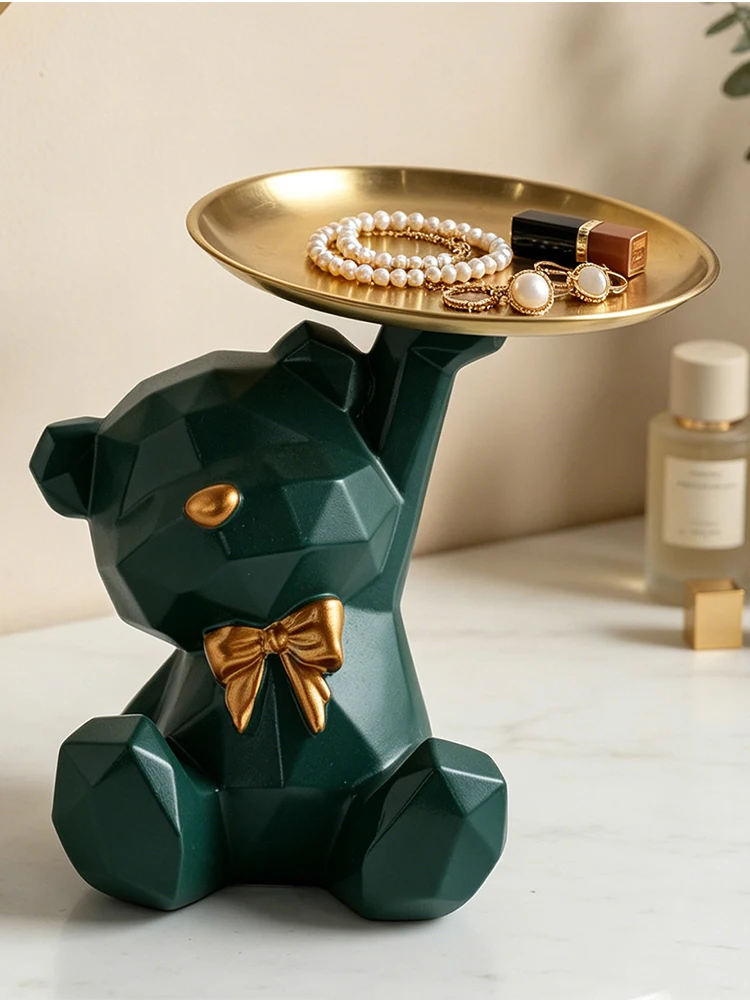 Novelty Geometric Bear Resin Jewelry Storage Tray Golden Iron Plate For Rings Bracelets Makeup Dresser Table Decor Ornament