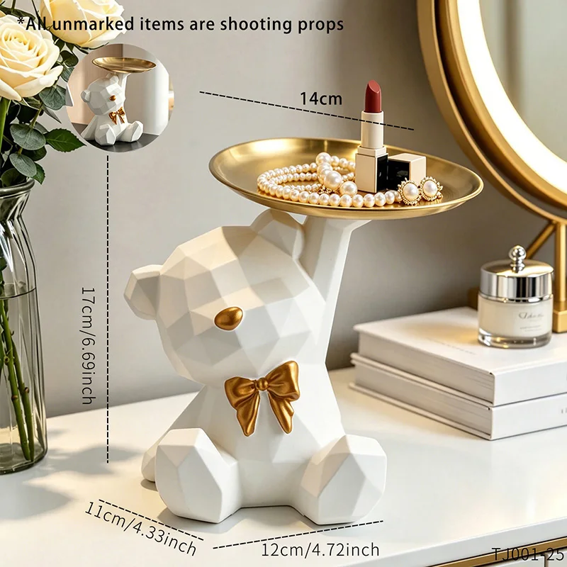 Novelty Geometric Bear Resin Jewelry Storage Tray Golden Iron Plate For Rings Bracelets Makeup Dresser Table Decor Ornament
