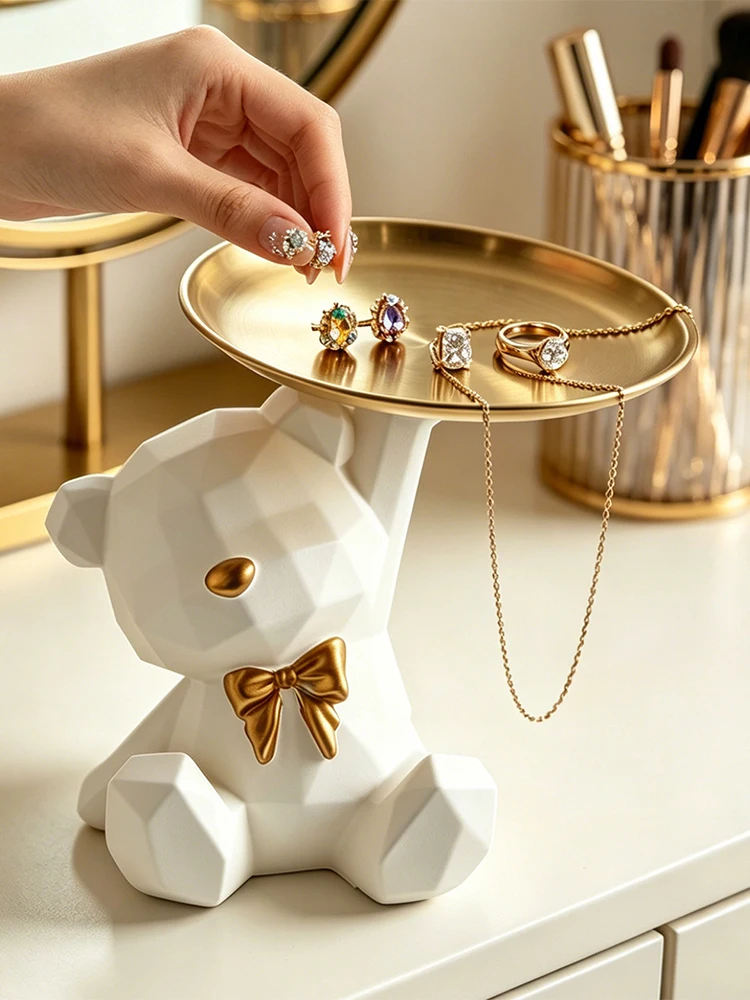 Novelty Geometric Bear Resin Jewelry Storage Tray Golden Iron Plate For Rings Bracelets Makeup Dresser Table Decor Ornament