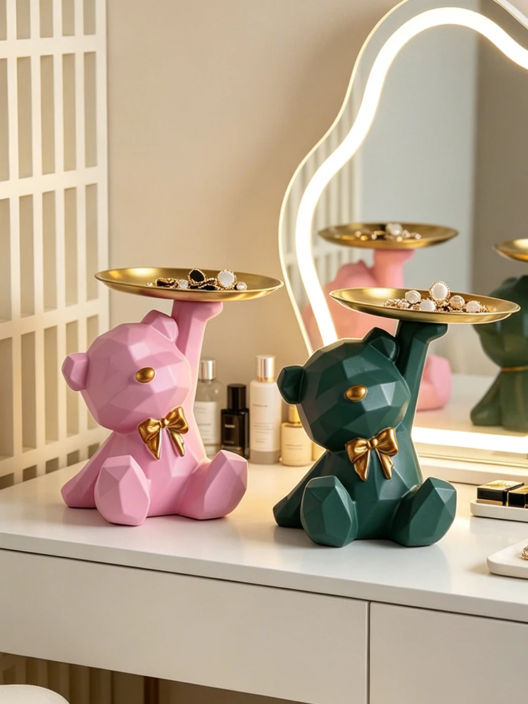 Novelty Geometric Bear Resin Jewelry Storage Tray Golden Iron Plate For Rings Bracelets Makeup Dresser Table Decor Ornament