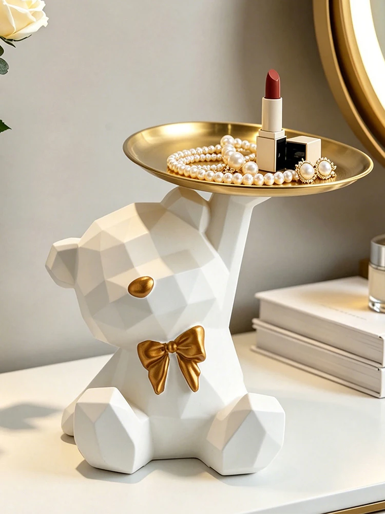 Novelty Geometric Bear Resin Jewelry Storage Tray Golden Iron Plate For Rings Bracelets Makeup Dresser Table Decor Ornament