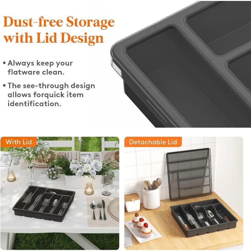 Covered Kitchen Drawer and Countertop Utensil Tray Plastic Cutlery and Cutlery Storage Push Top Storage Containers for Pantry