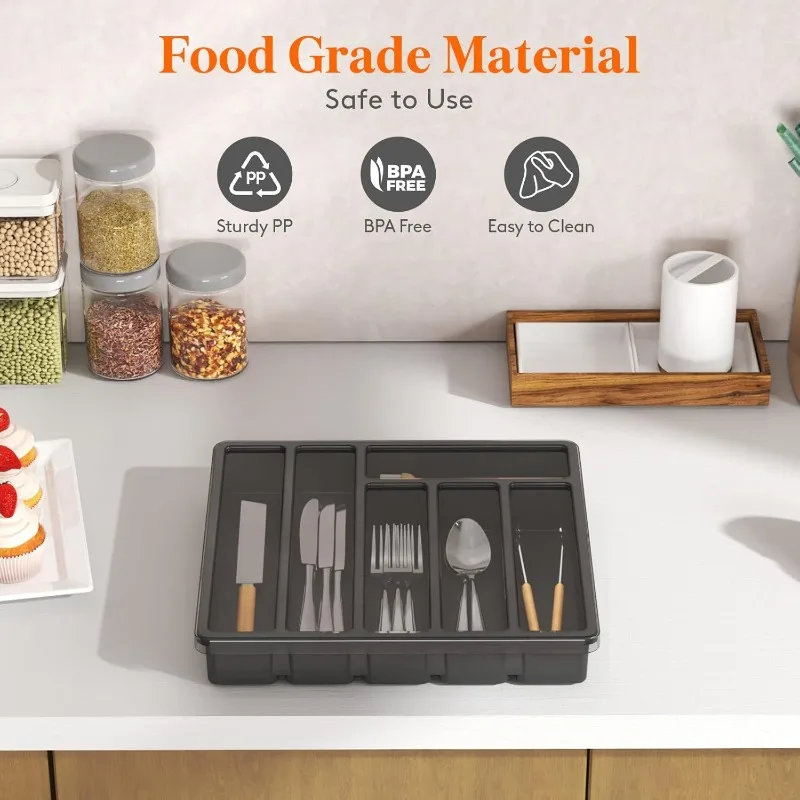 Covered Kitchen Drawer and Countertop Utensil Tray Plastic Cutlery and Cutlery Storage Push Top Storage Containers for Pantry