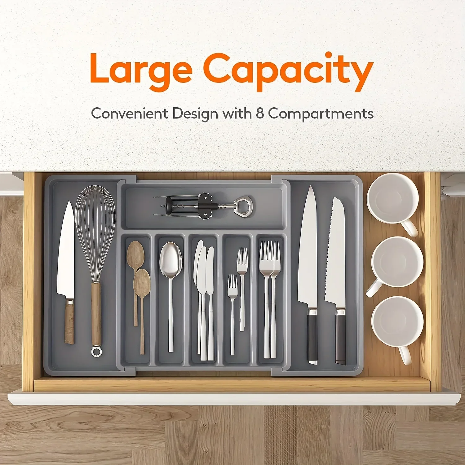 Upgraded Plastic Storage Tray, New Adjustable Cutlery Organizer, Cutlery Drawer Organizer with Compartment Slots