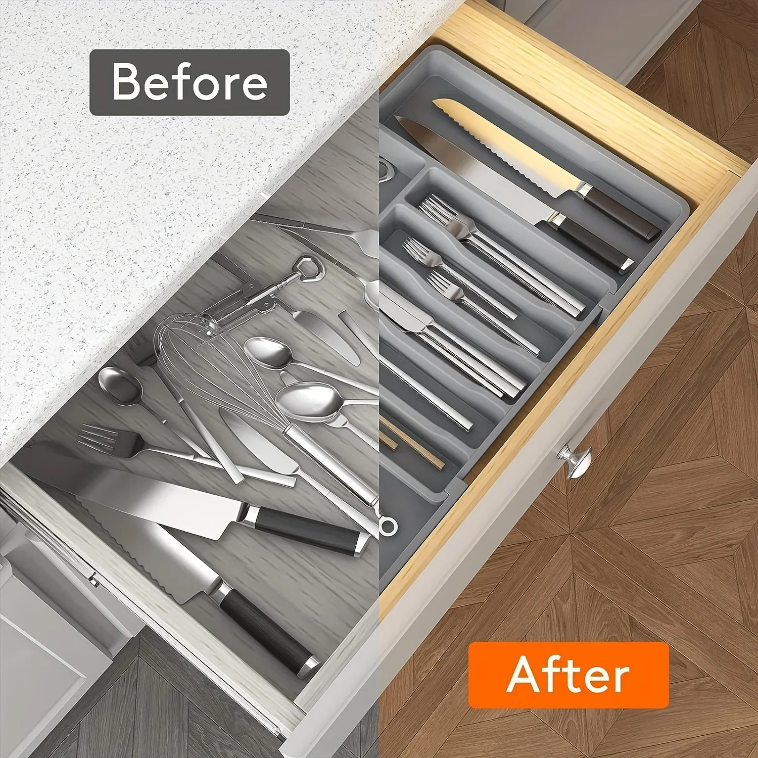 Upgraded Plastic Storage Tray, New Adjustable Cutlery Organizer, Cutlery Drawer Organizer with Compartment Slots