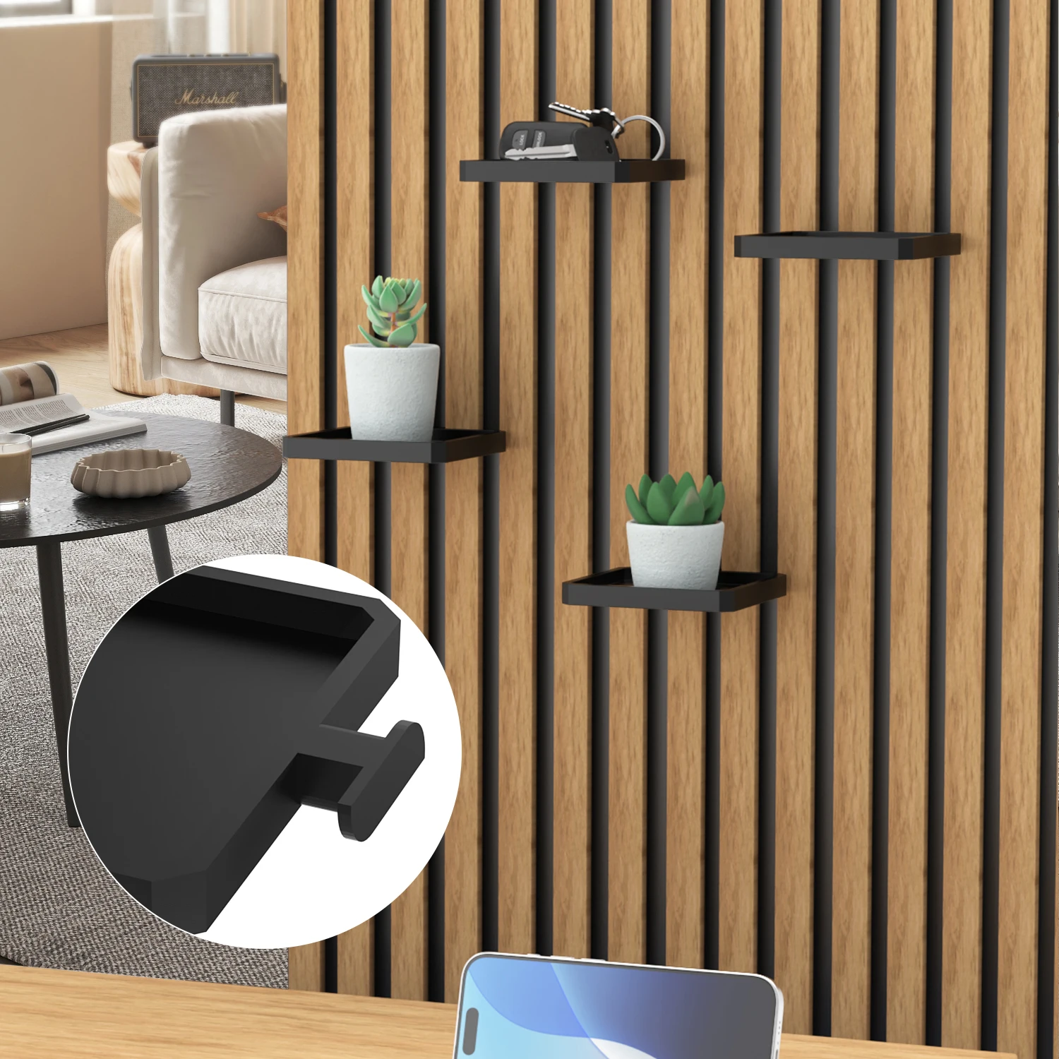 1pc Acoustic Panel Shelf, No Drill Wall Mount Storage Rack, Detachable Hanging Tray for Slatted Wood Wall, for Keys, Succulents