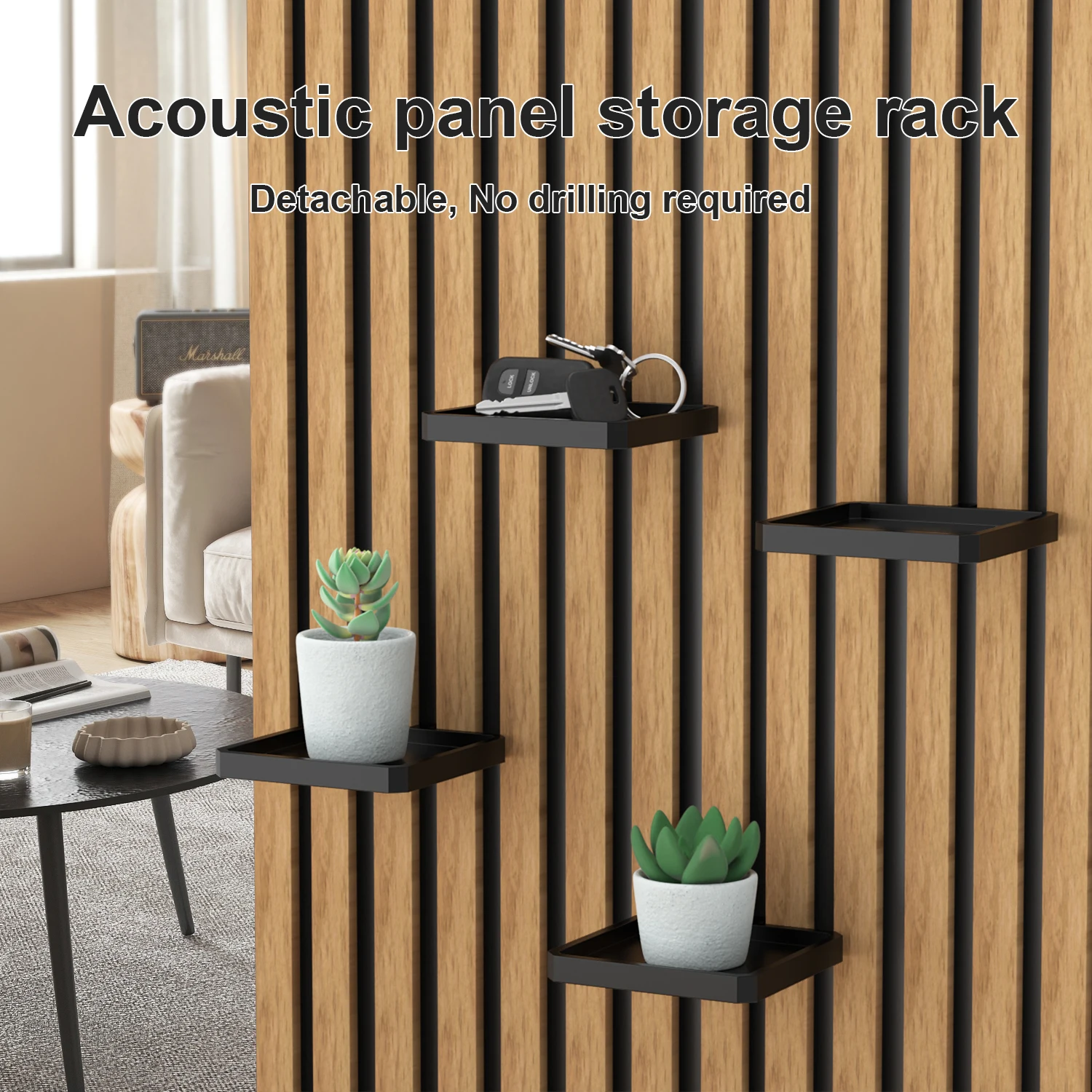 1pc Acoustic Panel Shelf, No Drill Wall Mount Storage Rack, Detachable Hanging Tray for Slatted Wood Wall, for Keys, Succulents