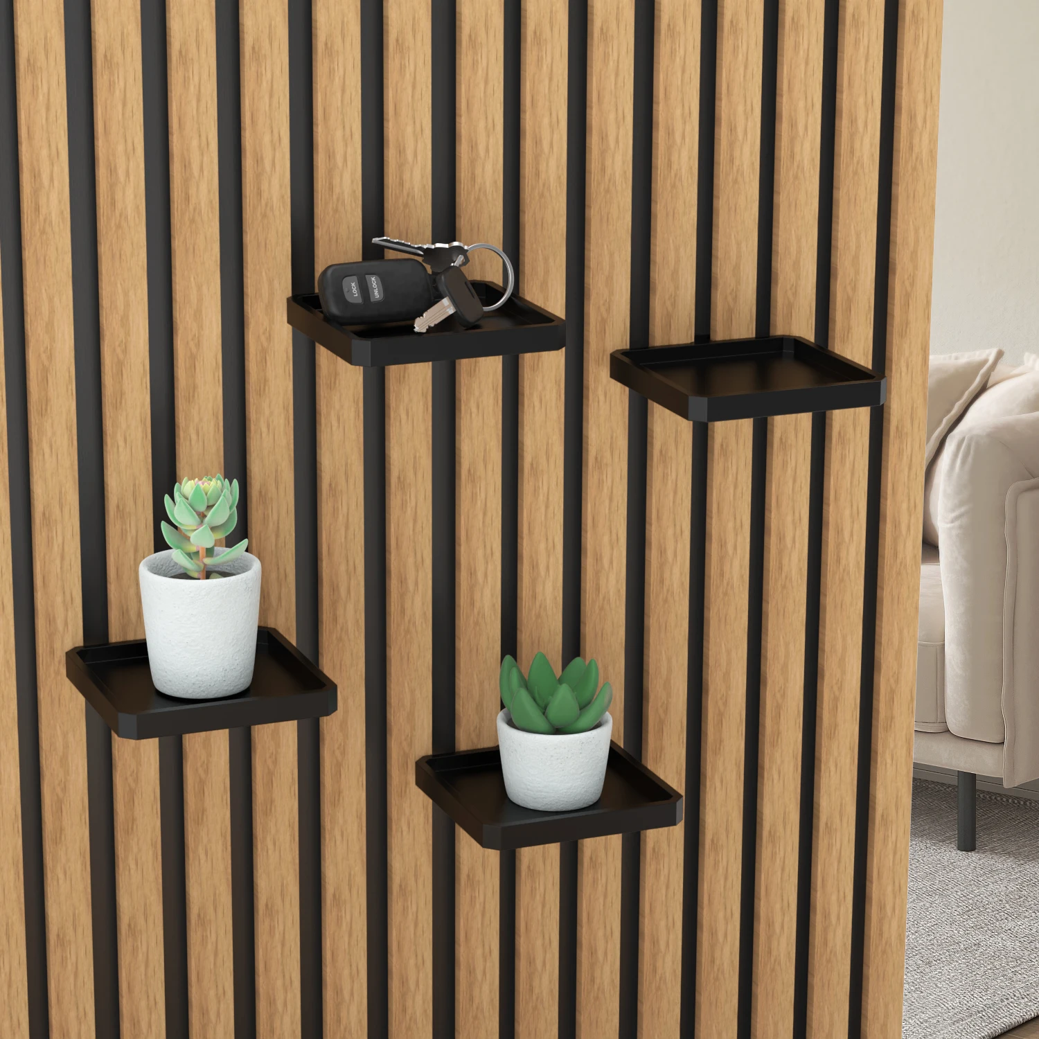 1pc Acoustic Panel Shelf, No Drill Wall Mount Storage Rack, Detachable Hanging Tray for Slatted Wood Wall, for Keys, Succulents