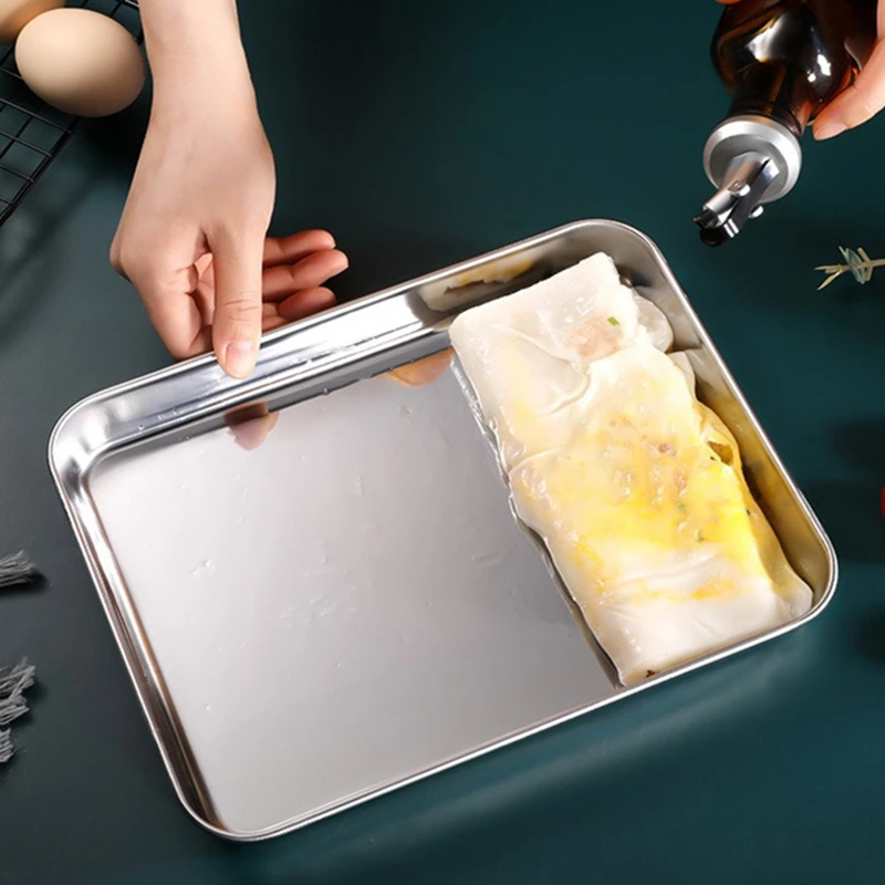 Rice Noodle Roll Plate, Stainless Steel Rectangular Tray, Kitchen Steaming Plate, Thickened Shallow Plate Square Plate, Barbecue
