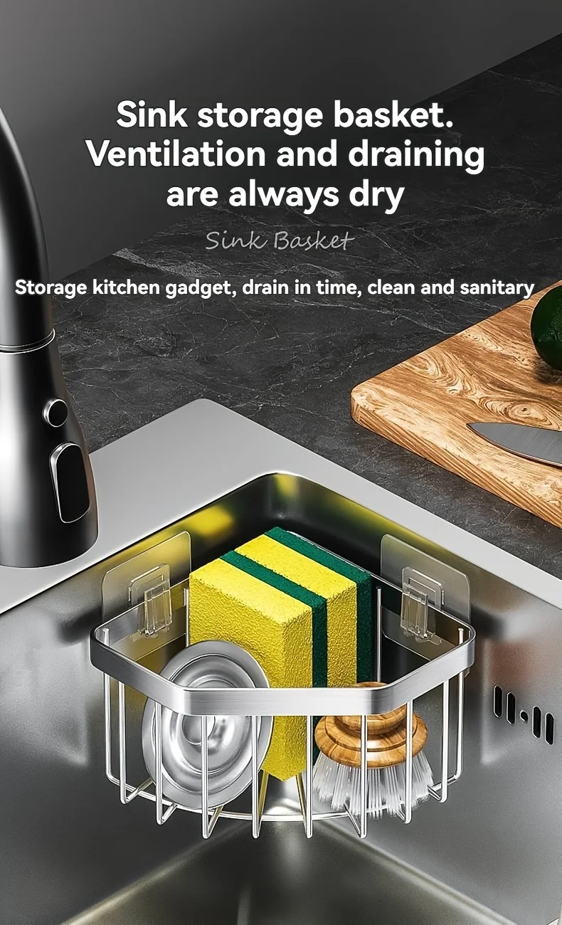 Stainless Steel Kitchen Sink Corner Storage Basket, Bathroom Suction Cup Storage Rack, Vegetable Washing Tray, Drain Rack