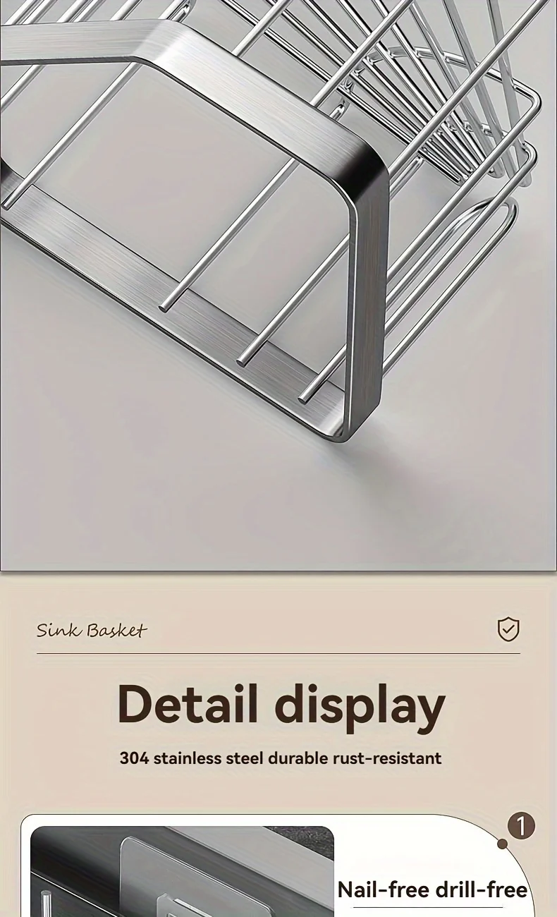 Stainless Steel Kitchen Sink Corner Storage Basket, Bathroom Suction Cup Storage Rack, Vegetable Washing Tray, Drain Rack