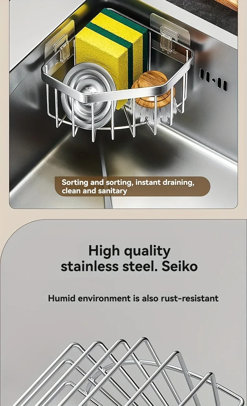 Stainless Steel Kitchen Sink Corner Storage Basket, Bathroom Suction Cup Storage Rack, Vegetable Washing Tray, Drain Rack