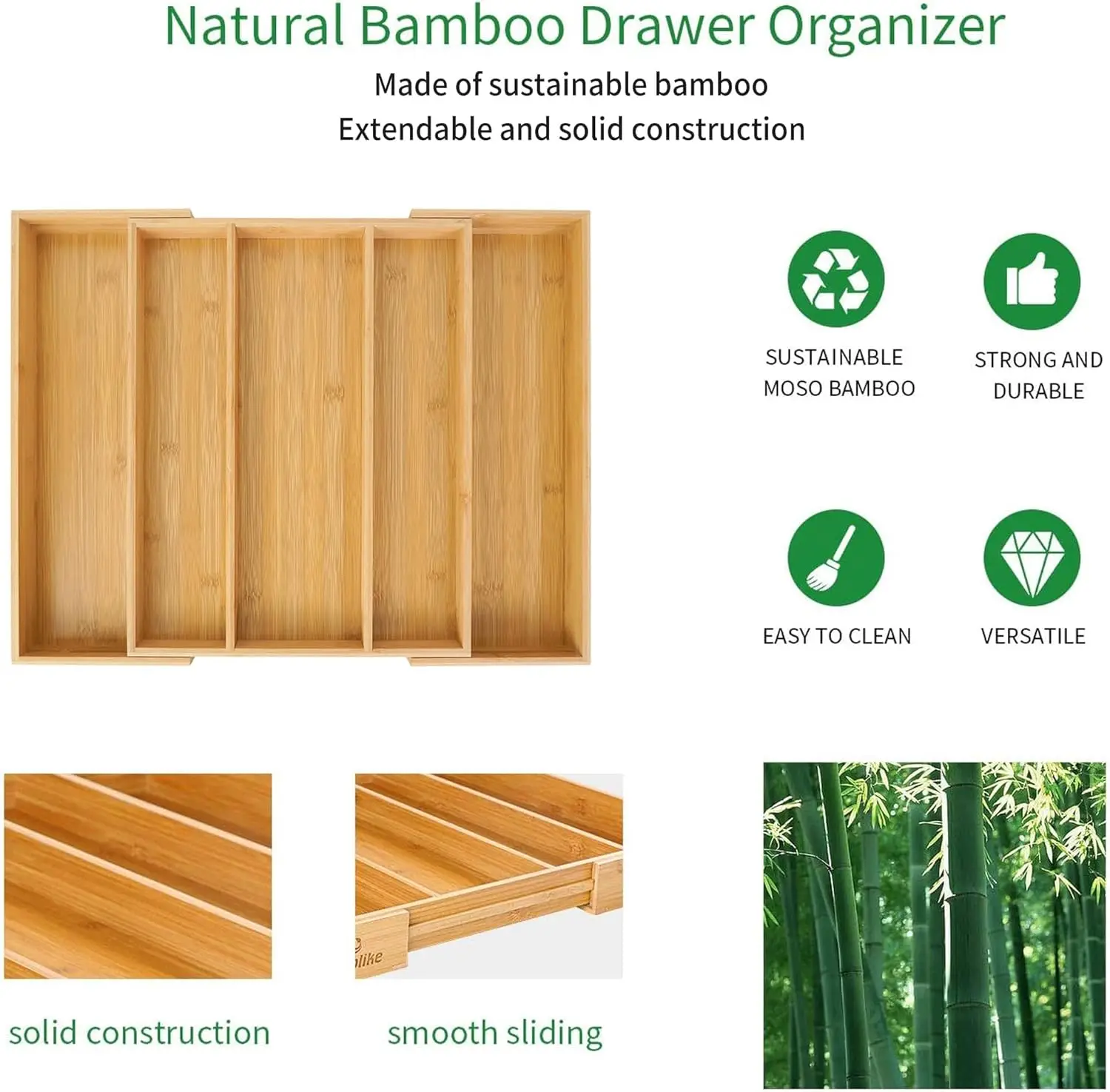 Expandable Bamboo Kitchen Drawer Organizer, Adjustable Cutlery Holder and Cutlery Tray Organizer, Drawer Divider for Silverware,
