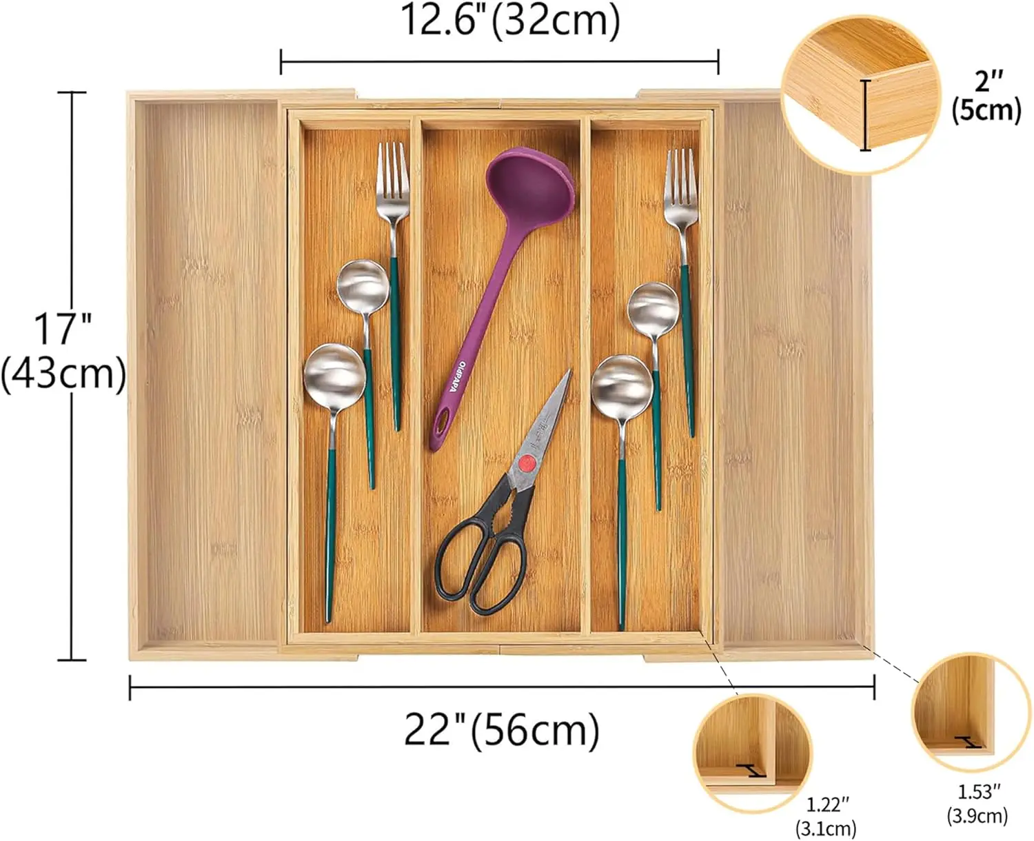 Expandable Bamboo Kitchen Drawer Organizer, Adjustable Cutlery Holder and Cutlery Tray Organizer, Drawer Divider for Silverware,