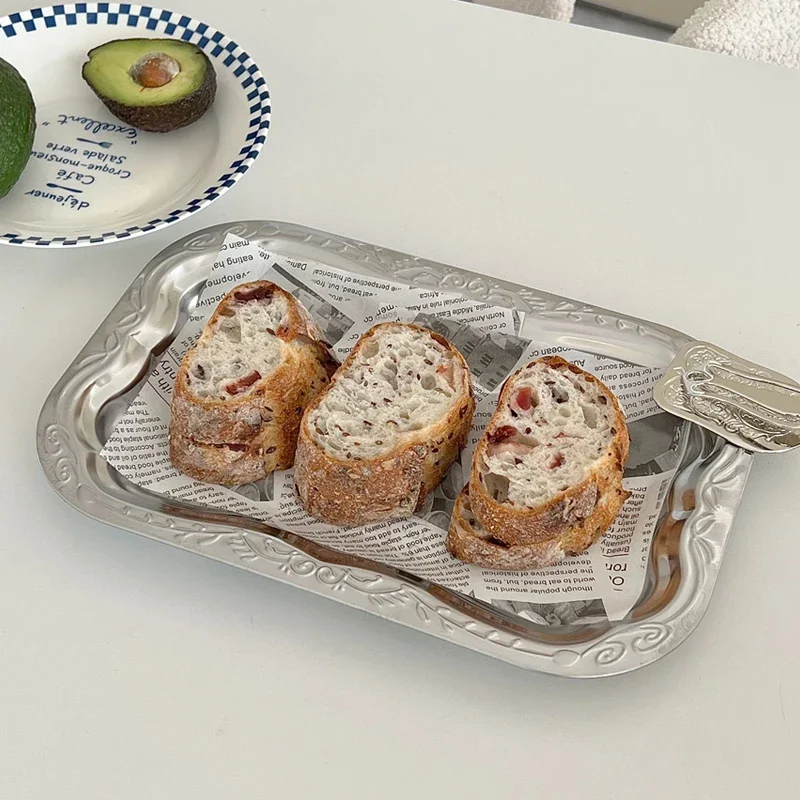Vintage Stainless Steel Tray Floral Embossed Serving Trays For Dessert Rectangular Jewelry Storage Plate Home Decoration Tool