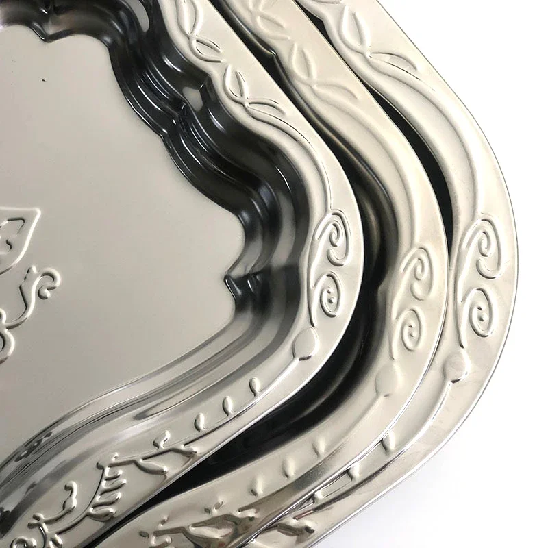 Vintage Stainless Steel Tray Floral Embossed Serving Trays For Dessert Rectangular Jewelry Storage Plate Home Decoration Tool