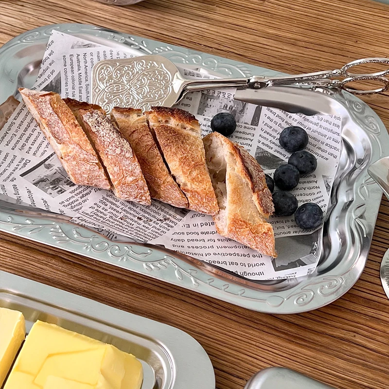 Vintage Stainless Steel Tray Floral Embossed Serving Trays For Dessert Rectangular Jewelry Storage Plate Home Decoration Tool