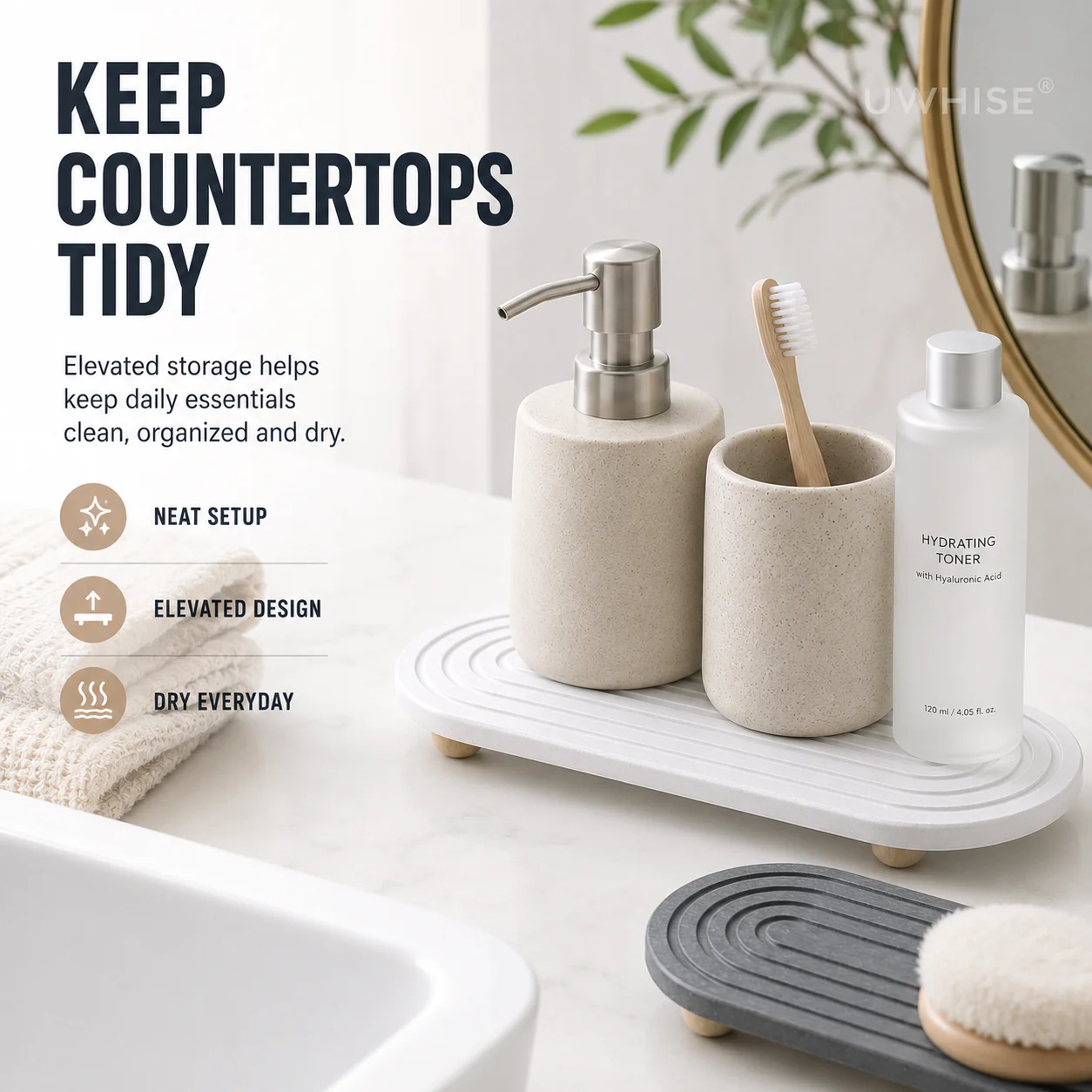 Uwhise Fast Drying Diatomite Sink Organizer Tray Diatomaceous Earth Mat For Bathroom Countertop Soap Dispenser Toothbrush