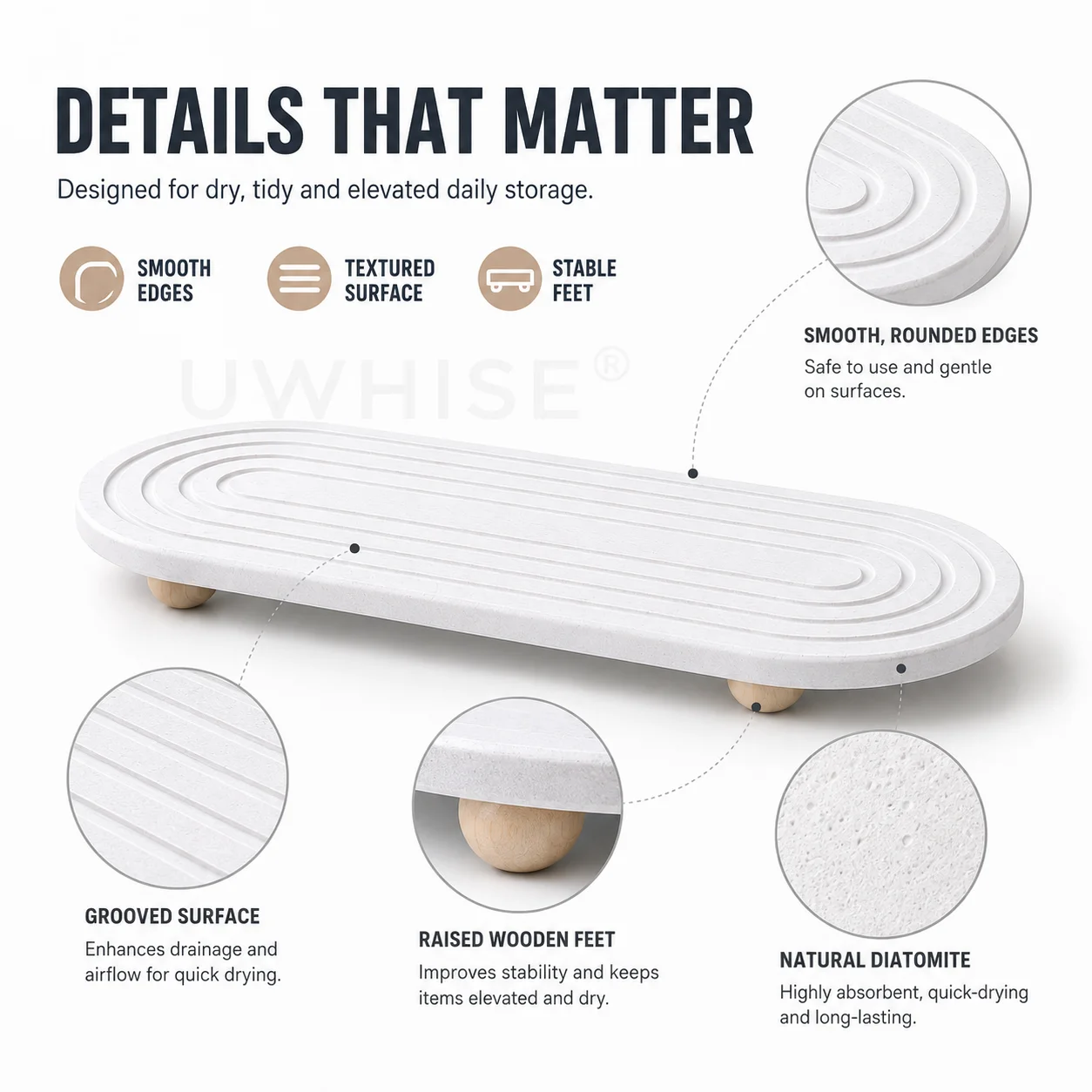 Uwhise Fast Drying Diatomite Sink Organizer Tray Diatomaceous Earth Mat For Bathroom Countertop Soap Dispenser Toothbrush