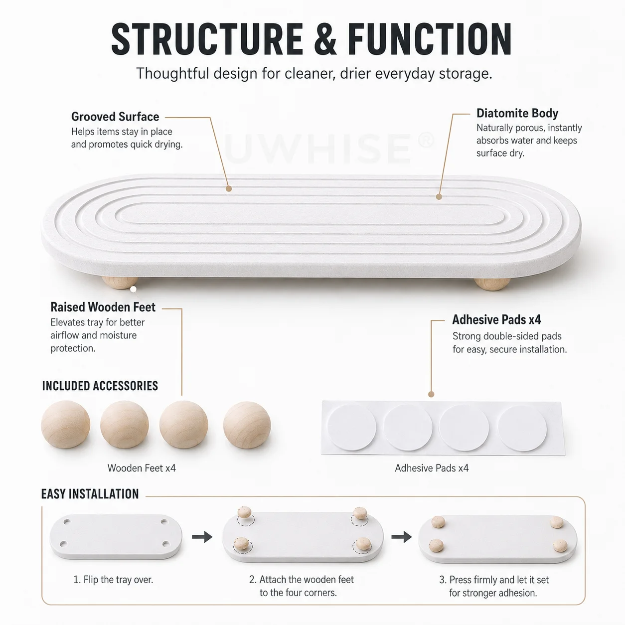 Uwhise Fast Drying Diatomite Sink Organizer Tray Diatomaceous Earth Mat For Bathroom Countertop Soap Dispenser Toothbrush