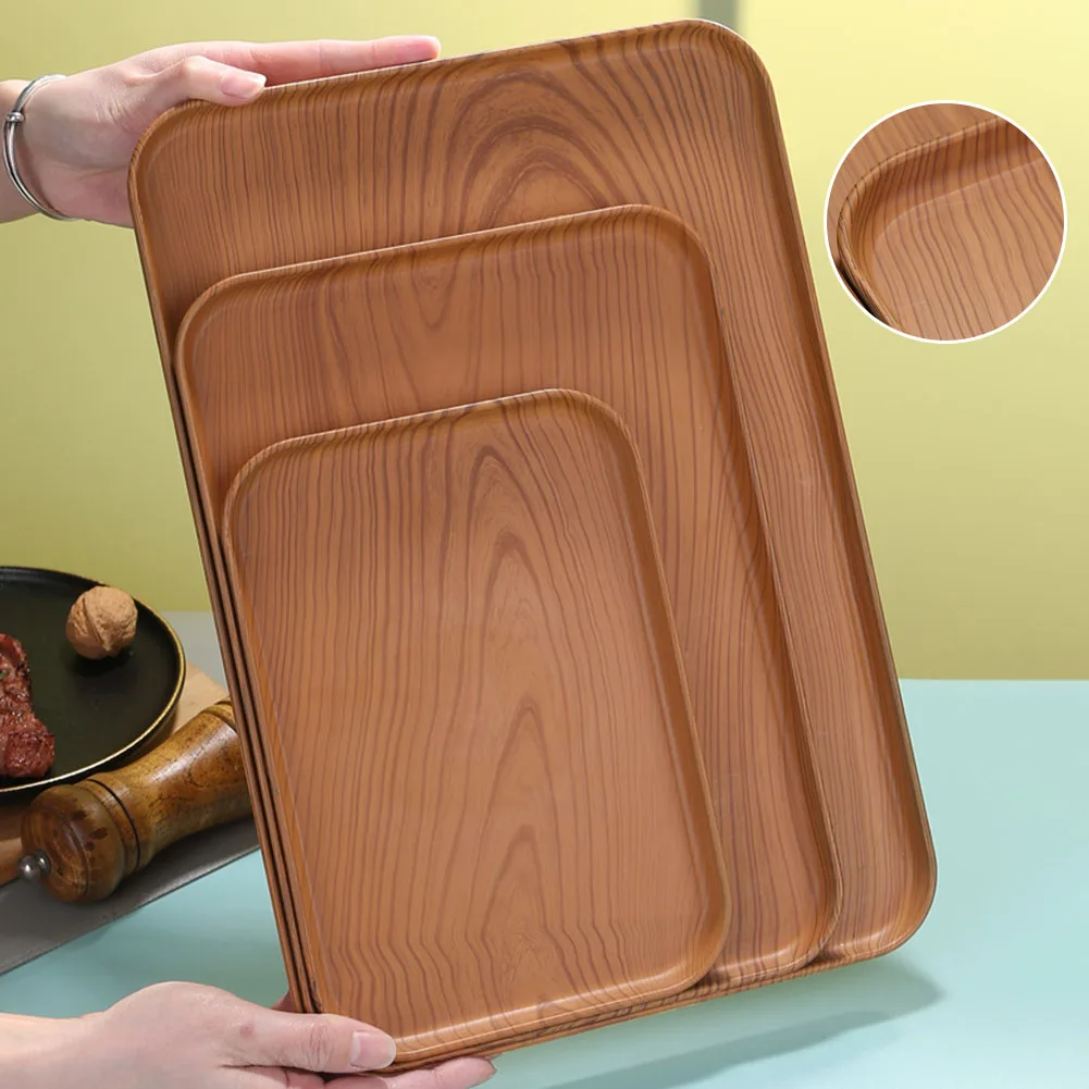 Imitation Wood Grain Rectangular Tray Lightweight Dining Serving Tray Plastic Platters Serving Food Appetizer Trays For Party