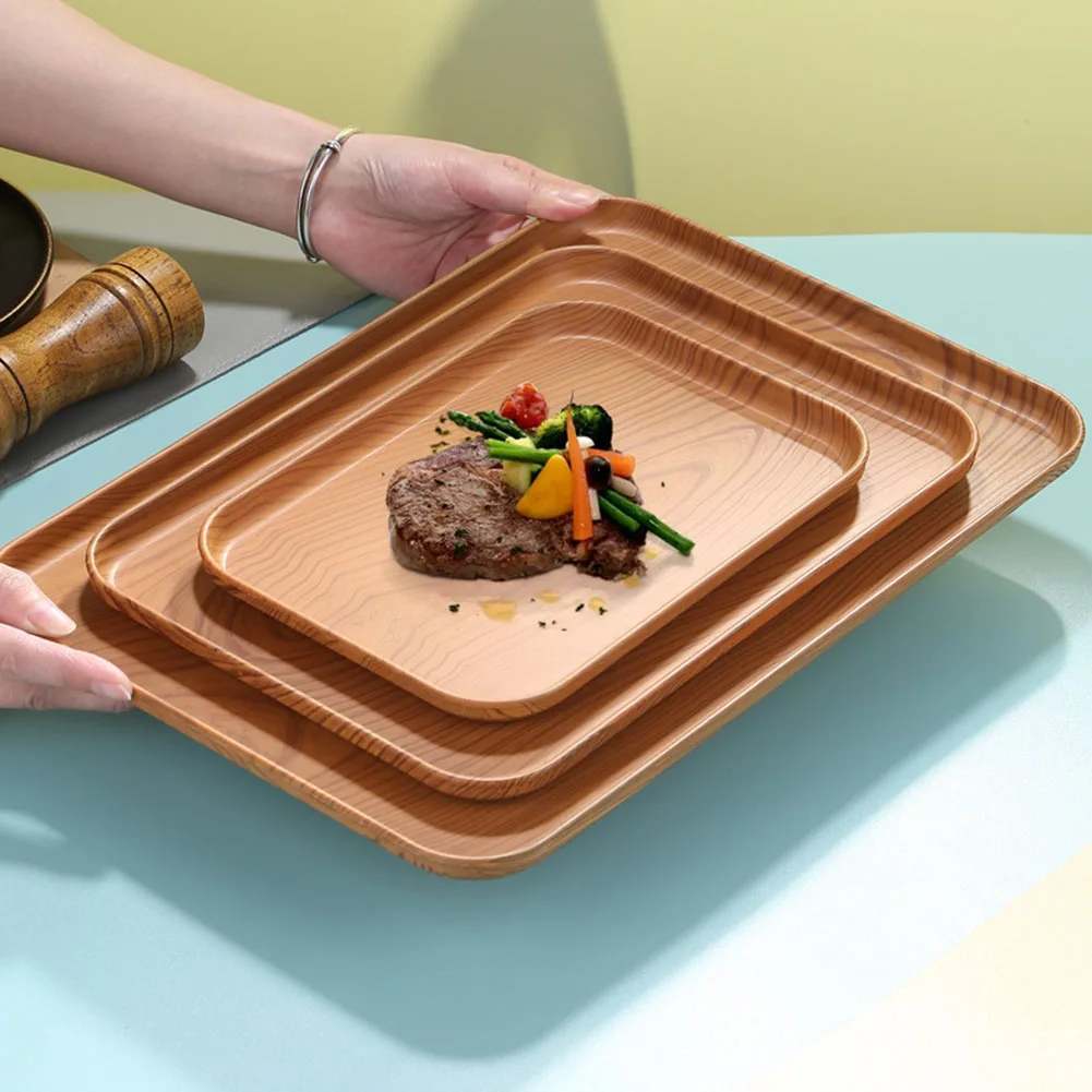 Imitation Wood Grain Rectangular Tray Lightweight Dining Serving Tray Plastic Platters Serving Food Appetizer Trays For Party