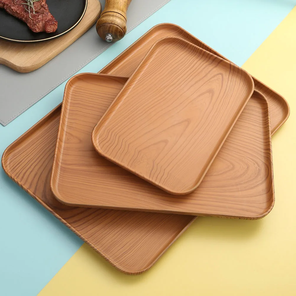 Imitation Wood Grain Rectangular Tray Lightweight Dining Serving Tray Plastic Platters Serving Food Appetizer Trays For Party