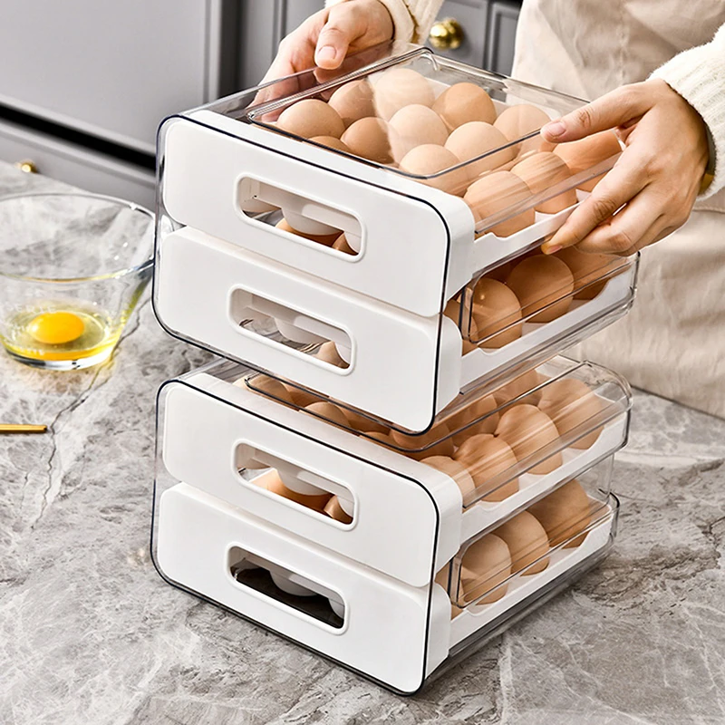2-Layer Stackable Refrigerator Egg Organizer Clear Plastic Egg Holder Drawer Type Storage Box for Kitchen Organization