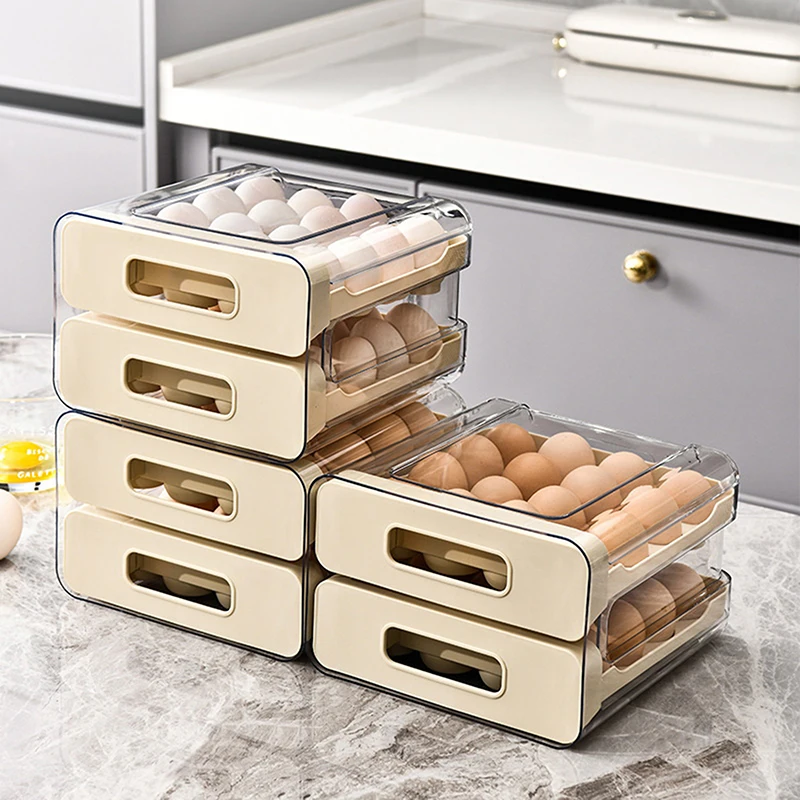 2-Layer Stackable Refrigerator Egg Organizer Clear Plastic Egg Holder Drawer Type Storage Box for Kitchen Organization