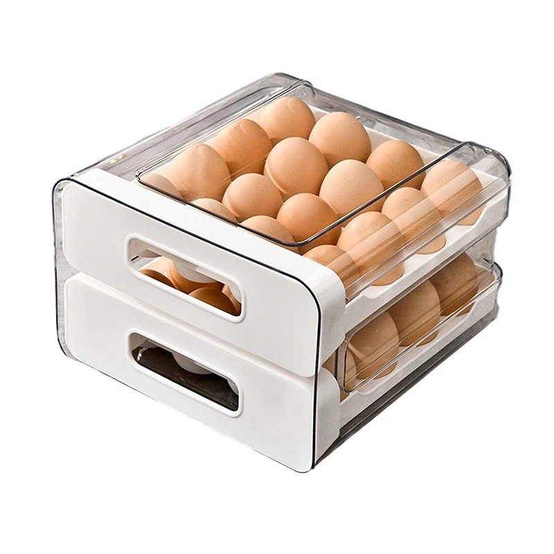 2-Layer Stackable Refrigerator Egg Organizer Clear Plastic Egg Holder Drawer Type Storage Box for Kitchen Organization