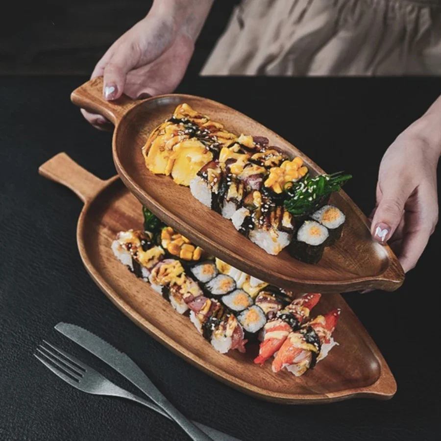 Japanesestyle High-looking Wooden Tray Afternoon Tea Snack Sushi Plating Leaf-shaped Plate Acacia Wood Tea Tray Dining Accessory
