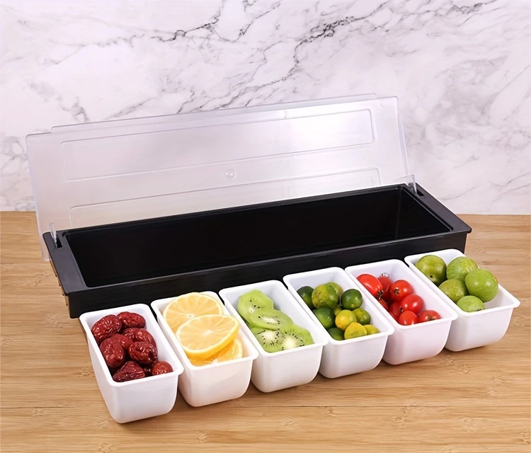 6-Compartment Cold Insulated Condiment Tray with Lid Removable Food Storage Containers Chilled Garnish Party Cocktail Garnishes