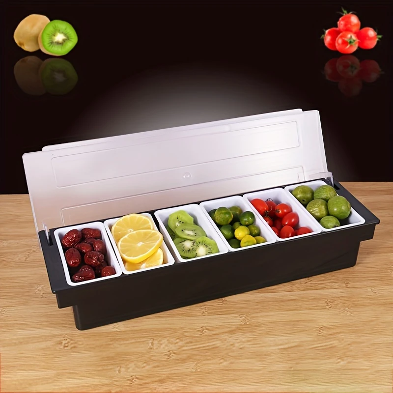 6-Compartment Cold Insulated Condiment Tray with Lid Removable Food Storage Containers Chilled Garnish Party Cocktail Garnishes