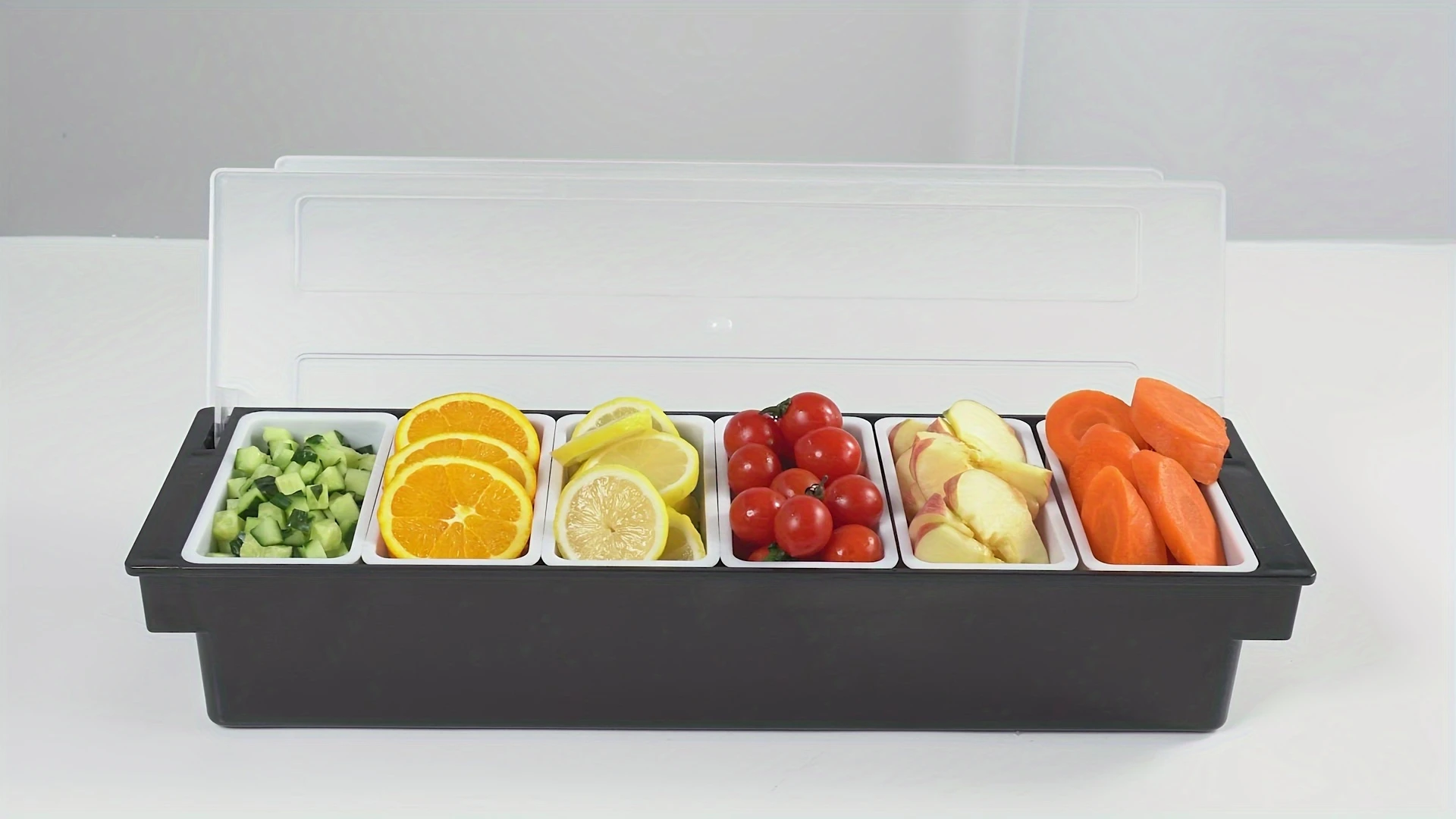 6-Compartment Cold Insulated Condiment Tray with Lid Removable Food Storage Containers Chilled Garnish Party Cocktail Garnishes