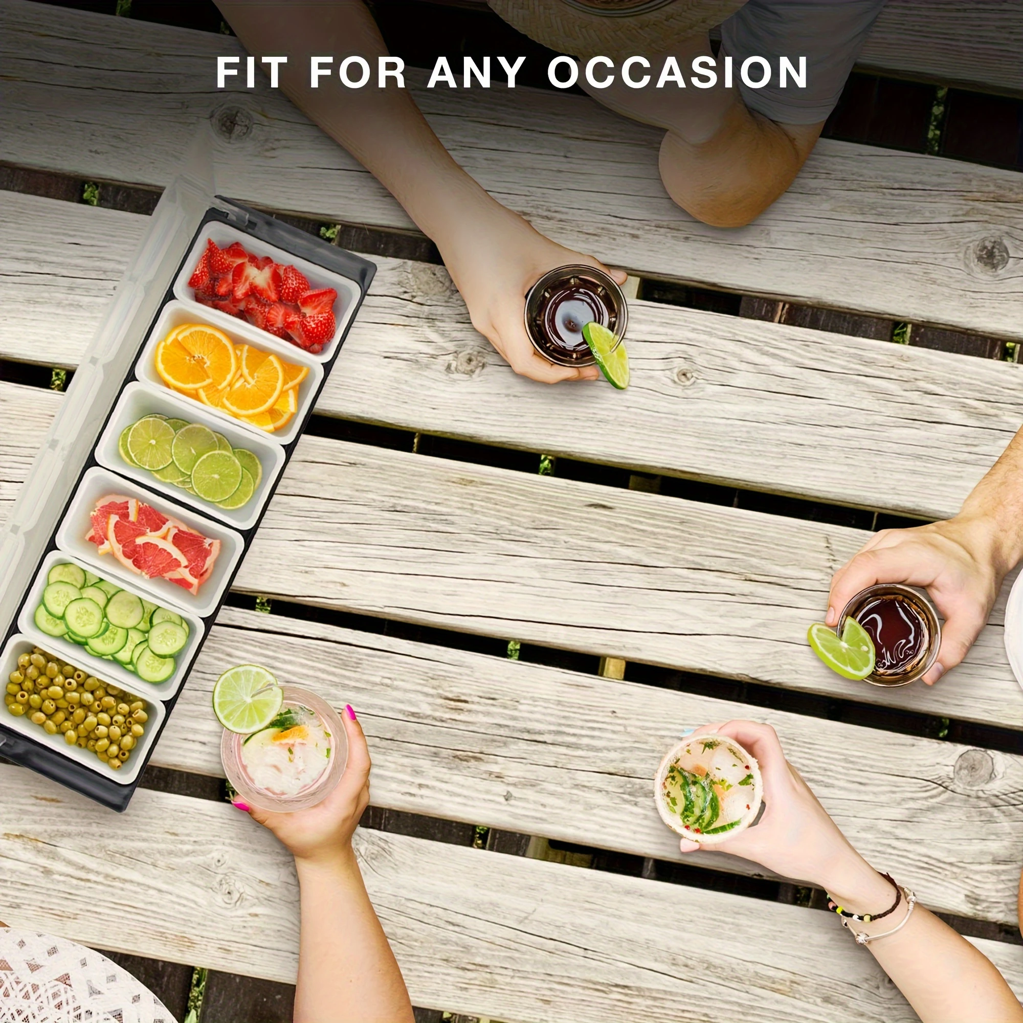 6-Compartment Cold Insulated Condiment Tray with Lid Removable Food Storage Containers Chilled Garnish Party Cocktail Garnishes