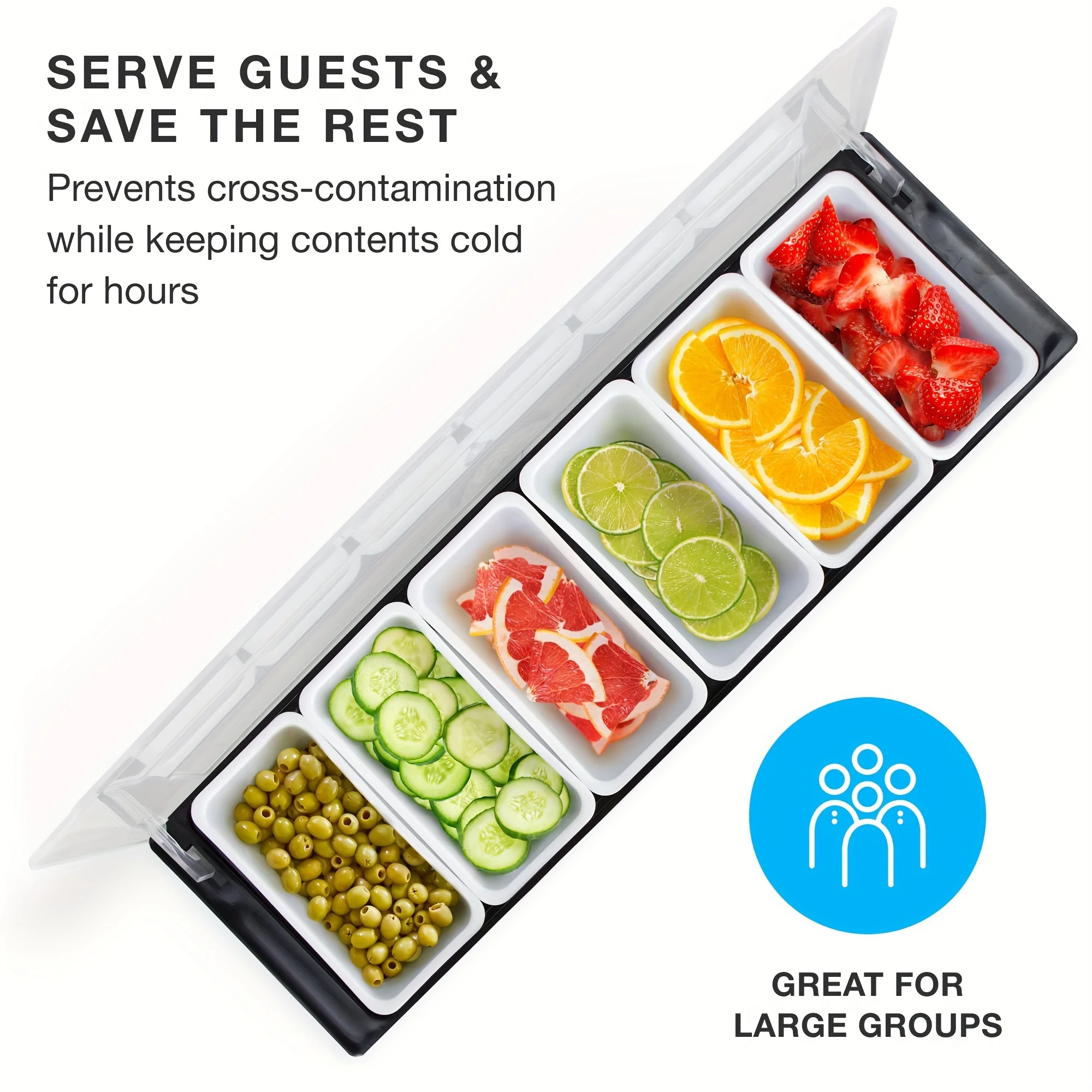 6-Compartment Cold Insulated Condiment Tray with Lid Removable Food Storage Containers Chilled Garnish Party Cocktail Garnishes