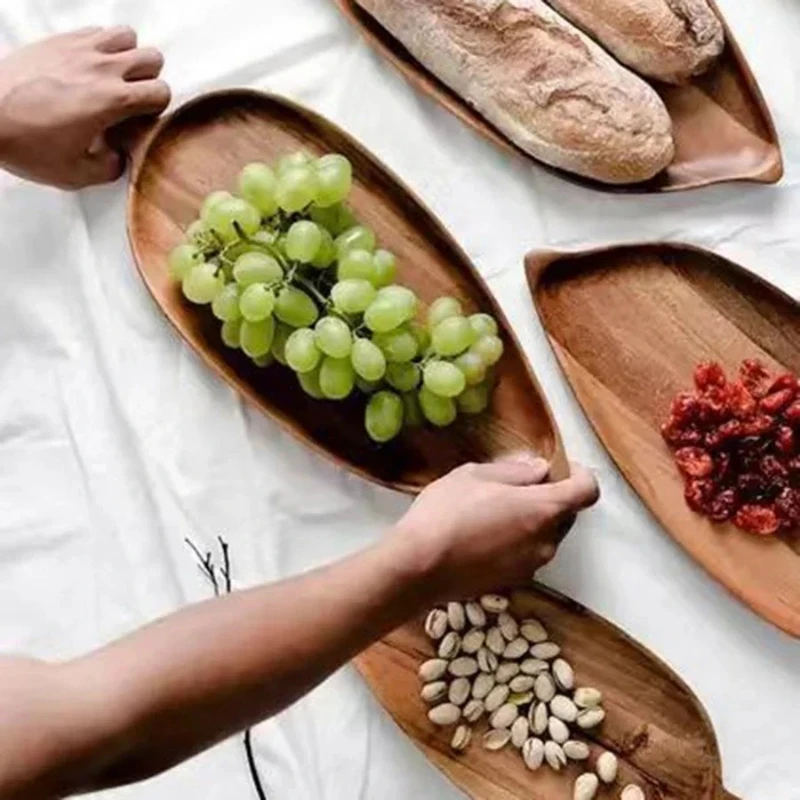 1pcs Solid Wood Leaf Shaped Waterproof Wooden Tray for Steak Sushi Grilled Meat Pizza Afternoon Tea Commercial Use As Tableware