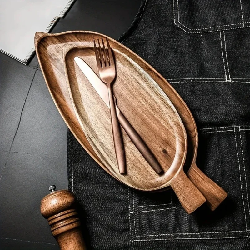 1pcs Solid Wood Leaf Shaped Waterproof Wooden Tray for Steak Sushi Grilled Meat Pizza Afternoon Tea Commercial Use As Tableware